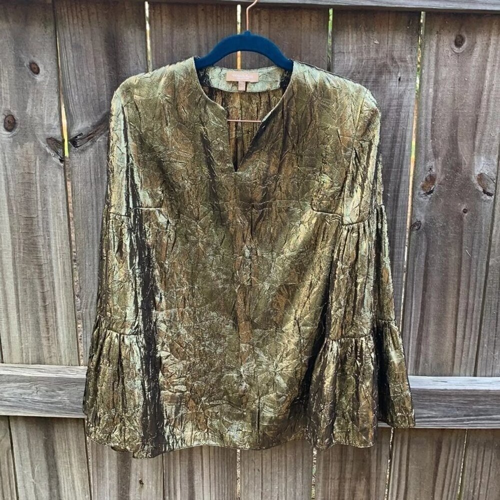 Michael Kors Collection Bell-Sleeve V-Neck Crushed-Lame Peasant Blouse, … - Picture 4 of 6
